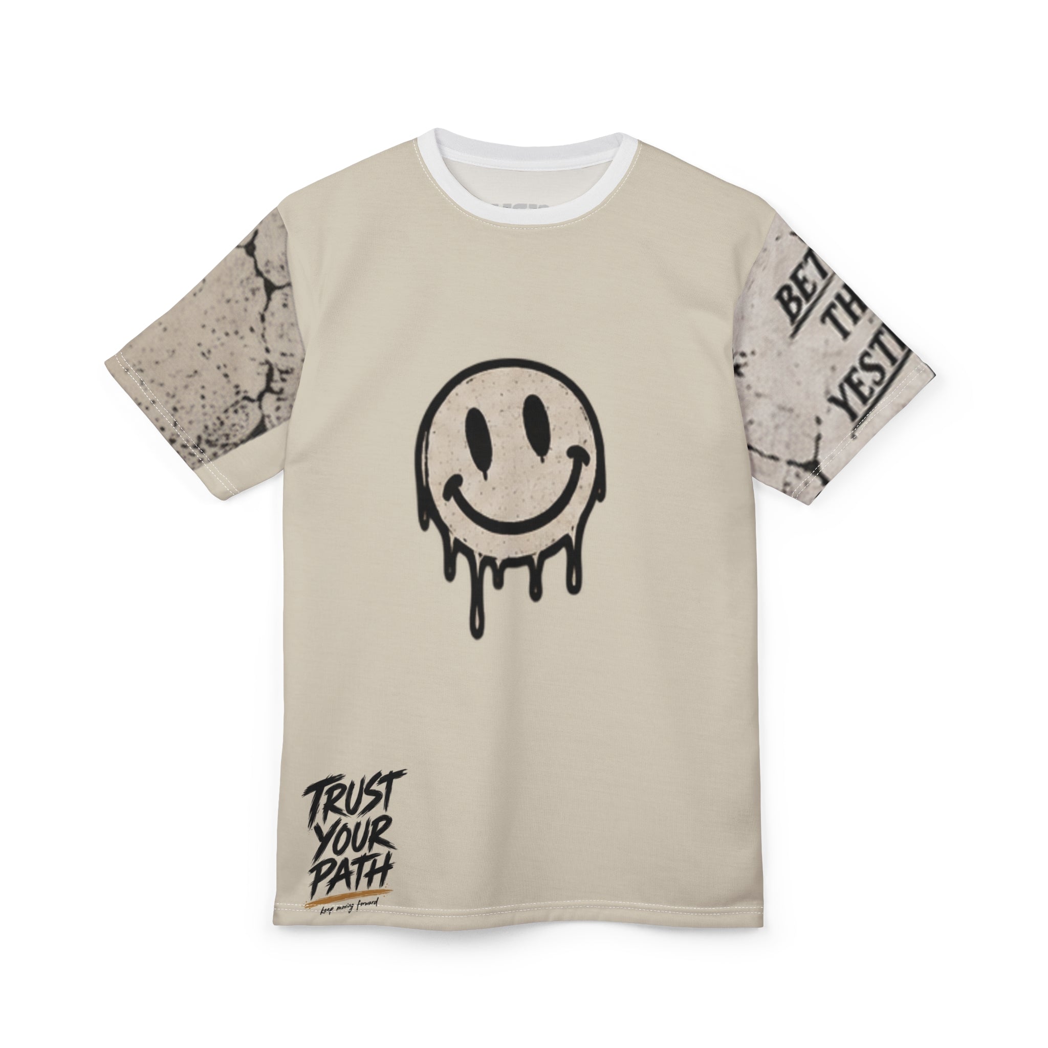 Dripping Smile Graphic Tee — 'Trust Your Path' All-Over Print