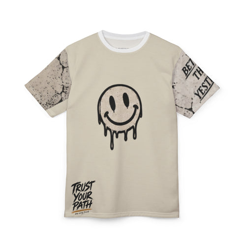 Dripping Smile Graphic Tee — 'Trust Your Path' All-Over Print