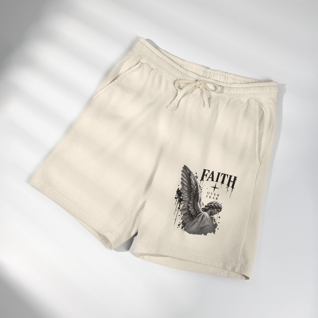 מכנסיים קצרים מבד פוטר עם גרפיקת "Faith Angel" — מכנסי נוחות דתיים לבית ולפנאי