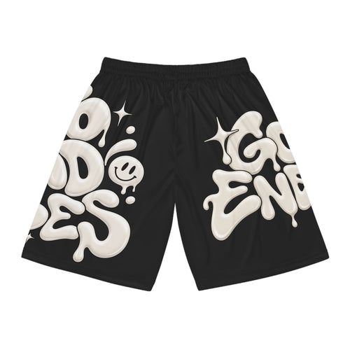 Good Vibes Black Basketball Shorts – 'Good Energy' All-Over Print — Back view | madeyourmark