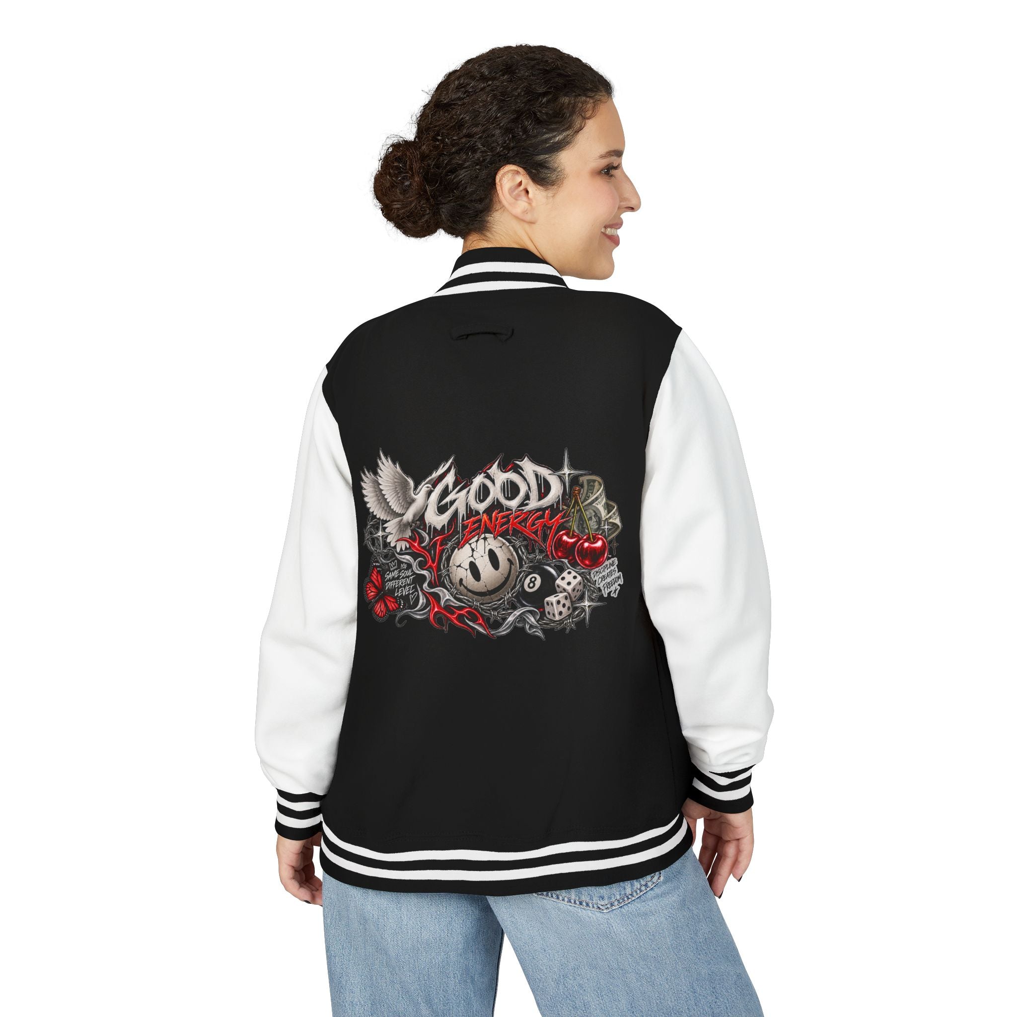Letterman Jacket — 'Good Energy' Retro Skate Graphic Varsity Jacket